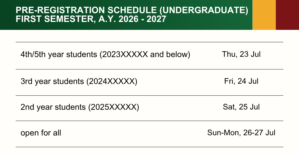 Pre-Registration Schedule First Semester, A.Y. 2026 - 2027 (Undergraduate)